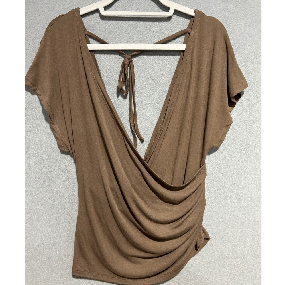 POL Surplice Wrap Top Women Small Brown Ruched Draped Bohemian Minimalist Soft